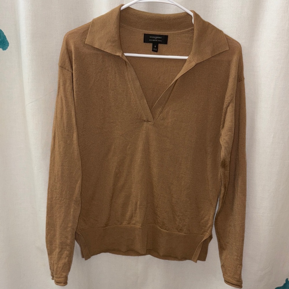 Banana Republic Camel 100% Merino Wool Johnny Collar Polo Sweater